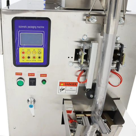 Straight Up Automatic Paste And Liquid Filling Sealer With Horizontal Mixing Hopper 10 To 100 Milliliter Precision Filler For Sauces And Juices showing control panel and stainless steel build.