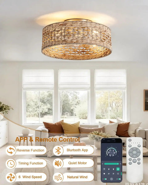 XINGSIYUELYX Boho Rattan Caged Fandelier Ceiling Fans with Lights, handwoven rattan shade, modern ceiling fan in living room.