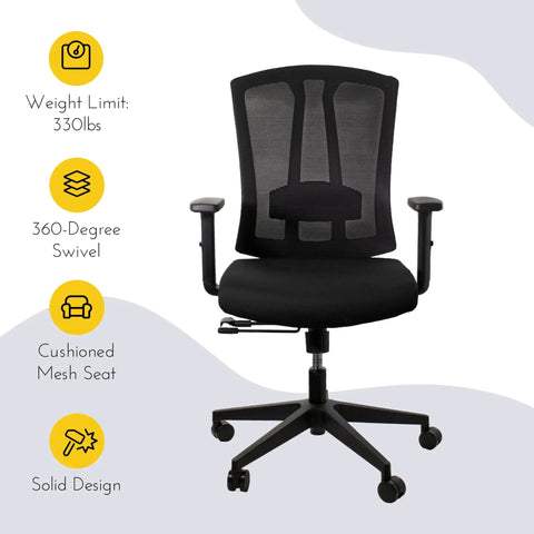 Ergonomic chair with cushioned mesh seat and 360-degree swivel for Rock-Solid Modular Office Cubicle Kit workspace.