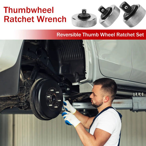 Mechanic using Finger Ratchet Wrench Set With Quarter-Inch, Three-Eighths-Inch And Half-Inch Wrenches on car wheel.