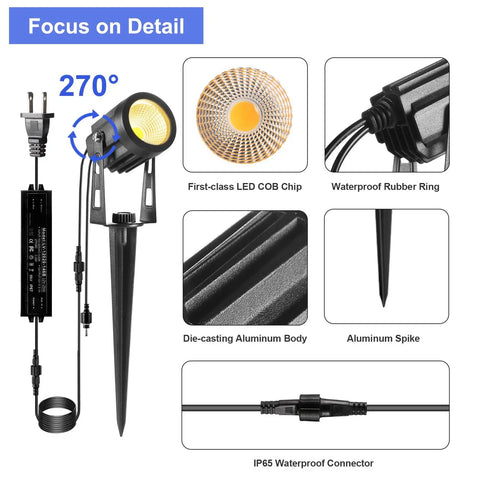Extendable 6 In 1 Low Voltage Landscape Lighting Kit With Transformer 3W 12V IP65 Waterproof Outdoor Spotlight details shown