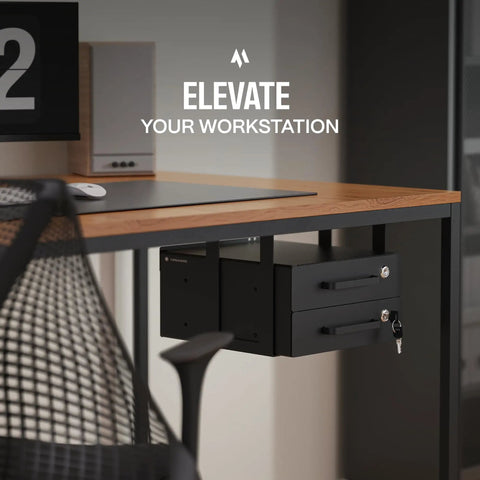 Under Desk Sliding Drawers With Smooth Rollout Action And Lockable Hardware Matte Black Steel Storage Organizer featuring integrated cable management.