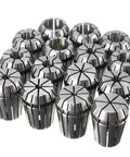 Super Sharp ER25 Collet Chuck Holder Set With 15 Precision Inserts For Milling Drilling Tapping CNC Boring And Sculpture Projects In 2-16mm Range Made From Top Tier Carbon Steel showing precision inserts arranged neatly.