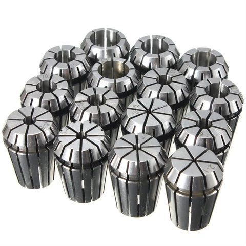 Super Sharp ER25 Collet Chuck Holder Set With 15 Precision Inserts For Milling Drilling Tapping CNC Boring And Sculpture Projects In 2-16mm Range Made From Top Tier Carbon Steel showing precision inserts arranged neatly.