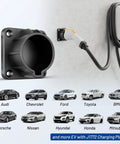 Built Tough SAE J1772 EV Charger Holder And Nozzle Holster Dock Wall Mount installed with charging plug and multiple car models.