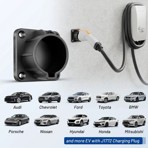 Built Tough SAE J1772 EV Charger Holder And Nozzle Holster Dock Wall Mount installed with charging plug and multiple car models.