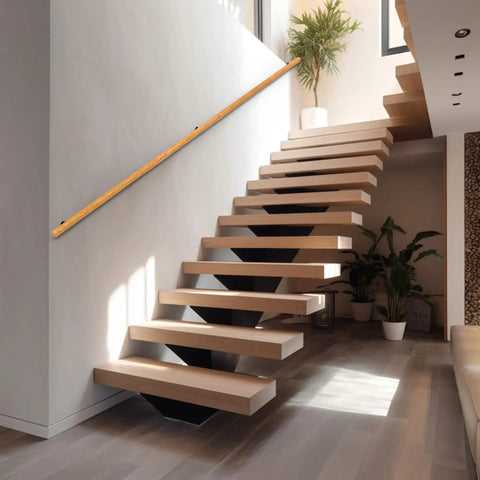 Tough As Nails 2 Feet Wooden Stair Handrail Wall Mount installed on modern staircase, providing safety support for steps.
