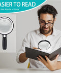 Man using Ultra Bright Handheld Magnifier With 37 LED Lights, 10X 20X 45X Zoom, Lit Lens, Three Light Modes, Rechargeable, 5.2 Inch Optical Lens