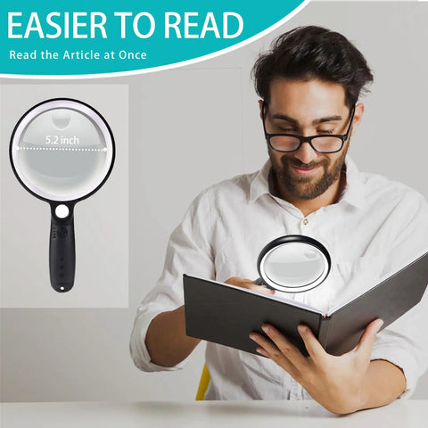 Man using Ultra Bright Handheld Magnifier With 37 LED Lights, 10X 20X 45X Zoom, Lit Lens, Three Light Modes, Rechargeable, 5.2 Inch Optical Lens