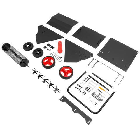 Four Wheel Spreader And Garden Cart parts laid out including assembly tools, wheels, and metal frame for lawn fertilizer spreader.