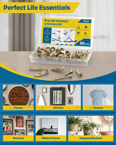 Heavy Duty Self Drilling Drywall Anchors And Screws Kit Featuring 50 Pieces Of Tough Carbon Steel Fasteners on a table with home decor items.