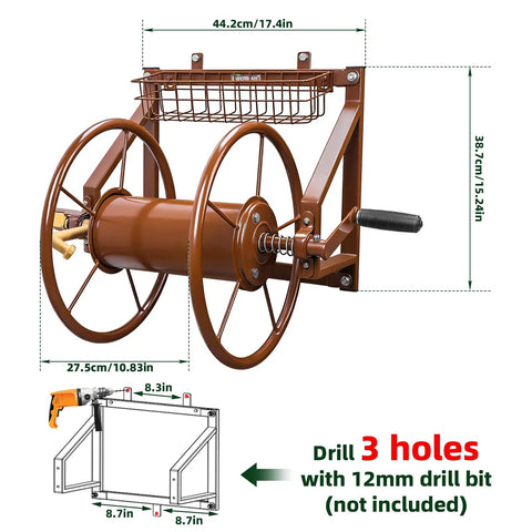 Wall Mounted Garden Hose Reel, Heavy Duty Metal Hose Organizer That Holds 155 Feet Of 5/8 Inch Hose, installation diagram