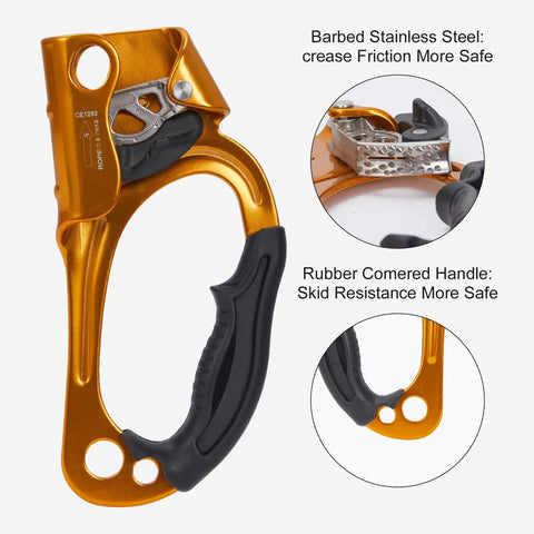 Hand Ascender For Climbing And Rappelling On 8 To 13 Mm Rope Right Hand Aluminum Alloy Lightweight Tool, barbed steel, rubber grip