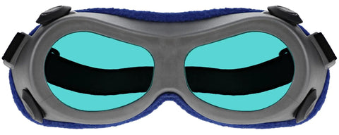 Front view of Laser Eye Shields With Knockout OD 7 Plus, featuring light blue lenses and soft blue padding.
