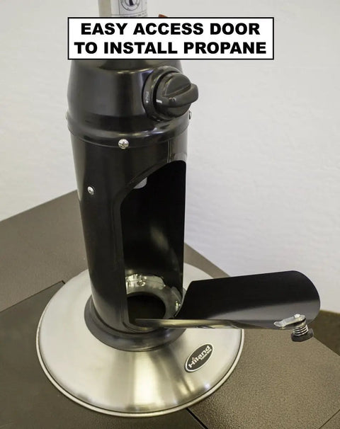 Easy access propane door on Portable Table Top Patio Heater With 11000 BTU Bronze Hammered Finish Propane Powered Using 1Lb Or 20Lb Tank Stable Weight Plate Perfect For Outdoor Evenings Easy Setup And Cozy Warmth Anywhere