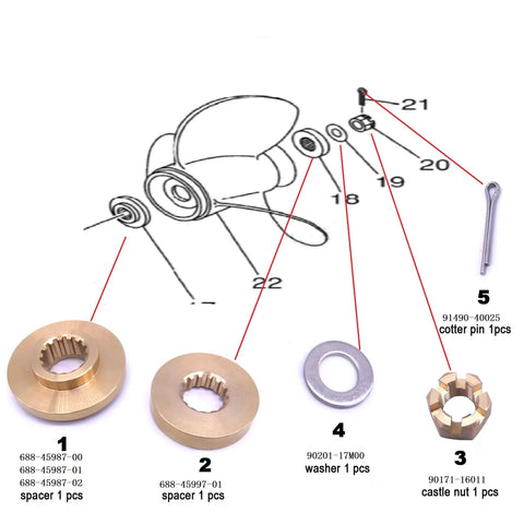 Propeller Spacer Hardware Kit For Yamaha Outboard Engines 60HP To 85HP Built For Beefy Performance Includes Spacers 688-45987-00 688-45987-01 688-45987-02 688-45997-01 Castle Nut 90171-16011 Washer 90201-17M00 Cotter Pin 91490-40025