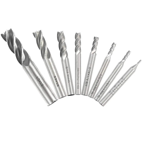 Dope Pro Grade HSS 4 Flute End Mill Cutter Set With Straight Shank Square Nose Eight Size Range From One Sixteenth To One Half Inch High Precision Heavy Duty Milling Bits For Wood Aluminum Plastic Metalworking
