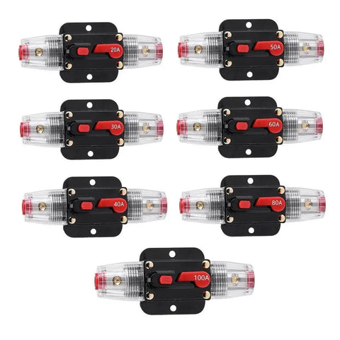 Assorted resettable 100 amp fuse circuit breakers for car audio systems, 12 to 24V DC, various amp ratings, black and red design.