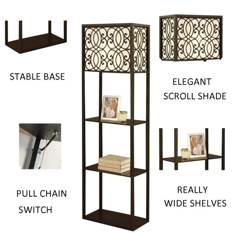 Floor Lamp With Shelves And Storage Corner Tower Bookshelf Style Light For Bedroom And Living Room Black Finish With Integrated Nightstand Table And Ample Storage Space For Books Decor And Essentials, featuring elegant scroll shade and stable base.