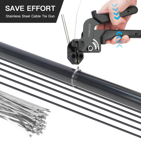 Heavy Duty Stainless Steel Cable Tie Gun Kit With 100 11.8 Inch Zip Ties securing metal pipe