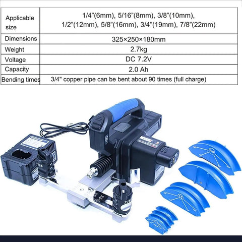 Electric Hydraulic Tube Bender Kit With Rechargeable Lithium Battery Bends Copper And Aluminum Pipes Fast 90 Degrees In Seconds Include 7 Dies For A C Repair And DIY Projects Heavy Duty Portable Design showcasing the bender and dies.