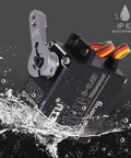 Beefy 35 Kg-Cm Waterproof Servo With Full Aluminum Case And Stainless Steel Gears, IP67 rated, immersed in water splash, front view.