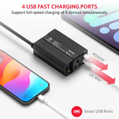 Heavy Duty 120V Power Inverter Converts 12V DC To 110V AC With 200W Output and Dual USB Fast Charge Ports features 4 USB ports for quick charging.