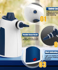 Heavy Duty Handheld Steam Cleaner For Kitchen Tile And Bathroom features flexible steam nozzle, safety lock, and work lamp indicator.