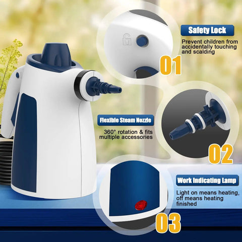 Heavy Duty Handheld Steam Cleaner For Kitchen Tile And Bathroom features flexible steam nozzle, safety lock, and work lamp indicator.