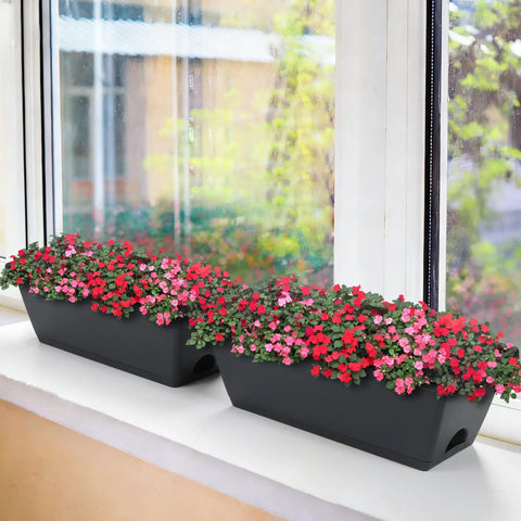 Get Your Garden Game On Point With This Set Of Two Deck Railing Planter Boxes That Clip Over Fence Rails Packed With Six Tough Plastic Flower Pots To Make Growing Herbs Veggies Or Blooms An Absolute Breeze For Chill Weekends And Easy Peasy Garden Vibes. Two black planter boxes filled with colorful blooms on a windowsill.