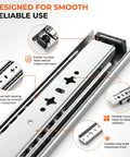 Close-up of 30 Inch Heavy Duty Side Mount Drawer Slides With 250 Lb Load Rating And Full Extension Pullout Rails, featuring dual ball-bearing tracks.