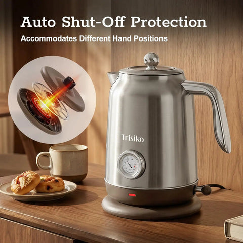 1.7L Large Electric Kettle With Thermometer, 1200W Fast Boil, Auto Shut Off, 304 Stainless Steel, Chrome Finish on kitchen counter