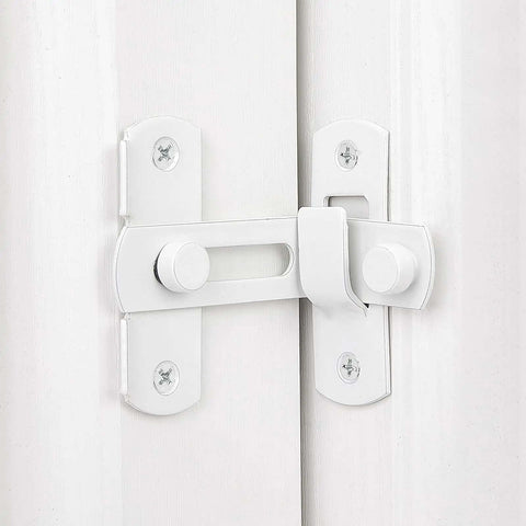 Close-up of a 90-degree white barn door latch installed on a door, made of stainless steel for sturdy security and durability.