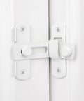 Dang Tough White Flip Barn Door Locks Corrosion Resistant Heavy Duty 90 Degree Slide Bolt Latches close-up view of locking mechanism.