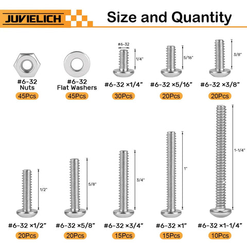 240 Piece 6-32 Stainless Steel Phillips Pan Head Machine Screw Assortment Kit With Nuts And Washers, Fully Threaded, 8 Sizes