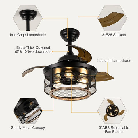 36 Inch Farmhouse Ceiling Fan With Lights, Dope Retractable Cage Blades, Black Industrial Style, showing detailed components.