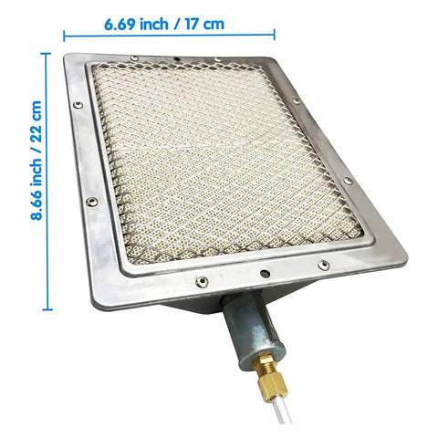 Infrared Ceramic Burner Head For Grill Stove And Heater Replacement Parts 8.66 By 6.69 Inches 220 By 170 Mm Easy Install Inlet Size 12 Mm 12000 BTU Cooking Power, shown with dimensions and metal finish.