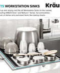 Multipurpose Workstation Sink Roll-Up Dish Drying Rack With Colander And Trivet, Black Finish, in use over a kitchen sink