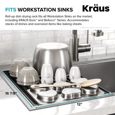 Multipurpose Workstation Sink Roll-Up Dish Drying Rack With Colander And Trivet, Black Finish, in use over a kitchen sink