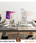 Comparative setup showing a low screen position versus a 2 Pack Adjustable Monitor Riser Stand For Desk With Height Elevation Ergonomic Lift
