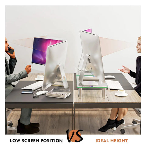 Comparative setup showing a low screen position versus a 2 Pack Adjustable Monitor Riser Stand For Desk With Height Elevation Ergonomic Lift