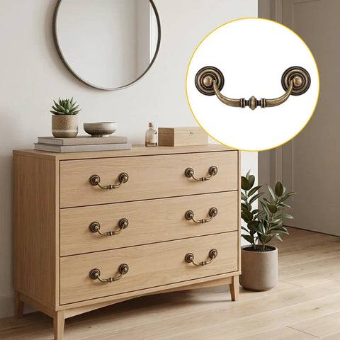 12 Pack Antique Bronze Drop Bail Pulls For Cabinets And Dressers, 3.5 Inch Center To Center, on a modern wooden dresser.