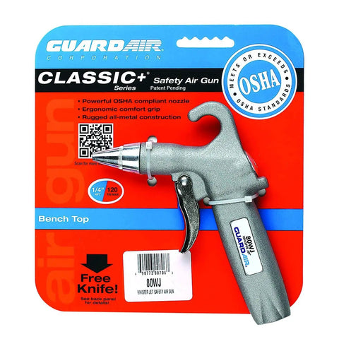 Whisper Jet Safety Air Gun With Volume Control And Pistol Style Grip For Quiet Cleaning, shown in packaging on a red background