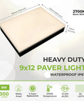 Dope 9 By 12 Inch Paver Light For Driveways And Patios With 2700K Warm White Glow Glare Free Outdoor LED Brick Light 12V Hardwired IP67 Waterproof Drive Over Rated For Walkways Pool Decks And Edging, shown with specs including dimensions and waterproof rating.