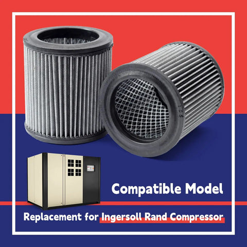 2 Pack Air Filter Replacement For Ingersoll Rand Compressor showing filters and compatible compressor model.