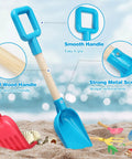Kids Garden Tools Set 8 Pieces With 16 Inch Shovels Beach Sand Toys Rake Spade And Wooden Handles in sand with features labeled
