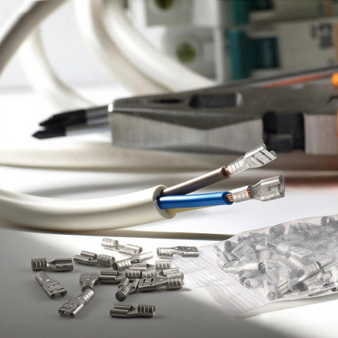 High Temperature Female Non Insulated Spade Connectors Pro Grade 100 Pack For 12 To 10 Gauge Quick Disconnect One Quarter Inch Female Tab Wire Splice Connectors For Strong Crimps In Electrical Terminals shown with wires and tools