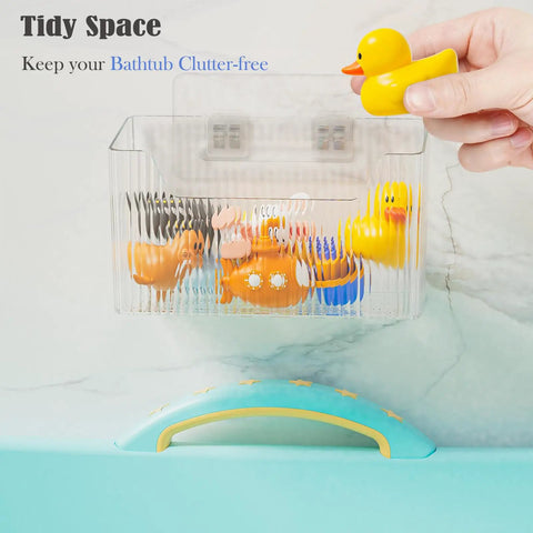 2 Pack Cabinet Door Organizer Wall Mounted Shower Caddy showing storage of bath toys in bathroom with adhesive strips