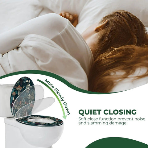 Toilet Seat Elongated Resin for Bathroom Replacement showing quiet closing feature with floral design.
