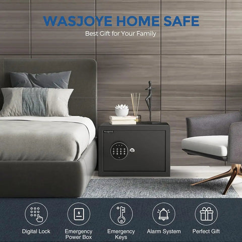Fireproof Home Safe Box 1.2 Cu Ft With Digital Keypad placed beside a bed in a modern bedroom setting.